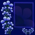 Floral square card with empty frame for congratulations text with dark blue trend background with volumetric white violet flowers