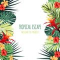 Floral square postcard design with guzmania and hibiscus flowers, monstera and royal palm leaves. Exotic hawaiian vector