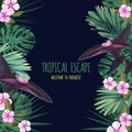 Floral square postcard design with tropical flowers, monstera and royal palm leaves. Exotic hawaiian vector background