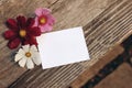 Floral stationery still life scene. Blank greeting card mock-up on old wooden table background with white and pink Royalty Free Stock Photo