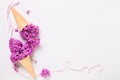 Floral still life banner flat lay with lilac flowers Royalty Free Stock Photo