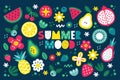 Floral summer clipart with fruits, flowers, berry, lemon, kiwi, watermelon, avocado, pear, garnet, pineapple, leaves