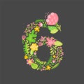 Floral summer Number 6 six. Flower Capital wedding Uppercase Alphabet. Colorful font with flowers and leaves. Vector illustration Royalty Free Stock Photo