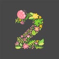 Floral summer Number 2 two. Flower Capital wedding Uppercase Alphabet. Colorful font with flowers and leaves. Vector illustration Royalty Free Stock Photo