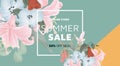 Floral summer sale banner template design, bouquets of pink lilies, blue Nemophila, Curcuma alismatifolia and red Lapageria rosea