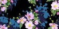 Floral summer seamless pattern, bouquets of pink flowers on a dark background