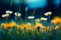 Floral summer spring background. Yellow dandelion flowers close-up in a field on nature on a dark blue green background in evening Royalty Free Stock Photo