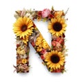 Floral and sunflower, colorful illustration letter N. Generative AI