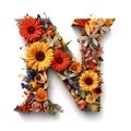 Floral and sunflower, colorful illustration letter N. Generative AI