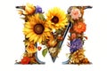 Floral and Sunflower Colorful Photorealistic Letter M,Ai generative