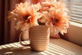 morning aesthetic. floral sunlight, shadows, and coffee cup on peach table background