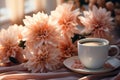 morning aesthetic. floral sunlight, shadows, and coffee cup on peach table background