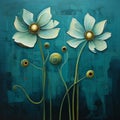 Floral Surrealism: Dark Turquoise Oils On Canvas With Art Nouveau Inspiration