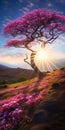 Floral Surrealism: Vibrant Landscapes With Sunset, Tree, And Cosmos Petals