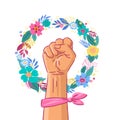 Floral Symbol of Feminism Movement. White Woman Hand with her fist raised up. Wreaht of Flowers. Girl Power Sign on Purple