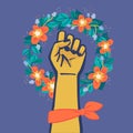 Floral Symbol of Feminism Movement. Woman Hand with her fist raised up. Wreaht of Flowers. Girl Power Sign on Violet Background. Royalty Free Stock Photo