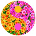 Floral symbol Yin-Yang. Flower bed of chrysanthemums watercolor. Pattern of Yin-Yang symbol from plants in oriental style. Yin