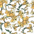 Freesia seamless vector pattern. Hand drawn delicate flowers in yellow, orange and green on white background. Royalty Free Stock Photo