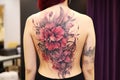 Floral tattoo design on the back of a woman, generated by AI