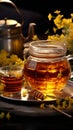 Floral tea in cup, honey jar, teapot surrounded by herbs relaxing nature ensemble