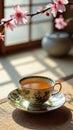 Floral teacup with tea on tatami mat by window with cherry blossoms Royalty Free Stock Photo