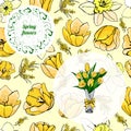 Floral template with seamless pattern of hand drawn graphic and colored sketch with yellow tulip, mimosa and narcissus flowers. Royalty Free Stock Photo