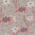 Floral textile seamless pattern. Lotus, bamboo and tropical fish flowers in soft pastel colors. Vector illustration for fabric,