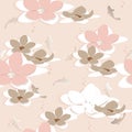 Floral textile seamless pattern with paper cut flowers. Tropical fish and lotus flowers on a pink background. Vector endless Royalty Free Stock Photo
