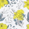 Floral textured seamless pattern. Hand drawn vintage flowers and leaves.