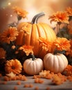 Floral Thanksgiving arrangement with pumpkin on blurry background.
