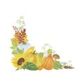 Floral Thanksgiving arrangement pumpkin, yellow, green leaves, mushroom, sunflower hand painted watercolor illustration Royalty Free Stock Photo