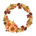 Floral thanksgiving autumn pumpkin wreath. Watercolor illustration. Thanksgiving harvest element. Hand drawn rustic Royalty Free Stock Photo