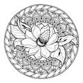 Floral theme. Circle summer doodle flower ornament. Hand drawn magnolia art mandala.