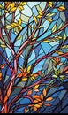 Floral theme vector in stained glass style with branches with berries and leaves on a blue sky background