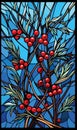 Floral theme vector in stained glass style with branches with berries and leaves on a blue sky background