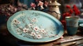 Floral Themed Handpainted Plate on White Rustical AI Generated