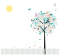 Floral tree beautiful, birds on fence Royalty Free Stock Photo