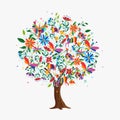 Spring tree concept with color animals and flowers Royalty Free Stock Photo