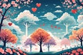 The floral trees with cloudy environment, background design, flowers, heart-shaped, love art, romantic athmosphere