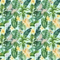 Floral trendy tropical seamless pattern with palm leaves, botanical watercolor style. Vanilla Flower, leaf and butterfly Royalty Free Stock Photo