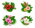 Floral tropical composition set, vector isolated illustration in paper art style. Exotic flowers and plants bouquets. Royalty Free Stock Photo