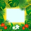 Floral tropical frame. Flowers vector illustration. background with jungle plants, palms leaves. beautiful tropic border frame. Royalty Free Stock Photo