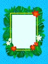 Floral tropical frame. vector exotic flowers illustration. background with jungle plants, palms leaves, sea texture. Vertical bord