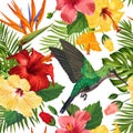 Floral Tropical Seamless Pattern with Exotic Flowers and Humming Bird. Blooming Flowers, Birds, Palm Leaves Background Royalty Free Stock Photo