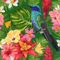 Floral Tropical Seamless Pattern with Exotic Flowers and Humming Bird. Blooming Flowers, Birds, Palm Leaves Background Royalty Free Stock Photo