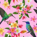 Floral Tropical Seamless Pattern with Exotic Flowers and Humming Bird. Blooming Flowers, Birds, Palm Leaves Background