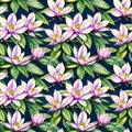 Floral tropical seamless pattern with Magnolia flowers and green leaves on blue, AI generated Royalty Free Stock Photo