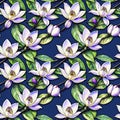 Floral tropical seamless pattern with Magnolia flowers and green leaves on blue, AI generated Royalty Free Stock Photo