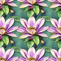 Floral tropical seamless pattern with Magnolia flowers and green leaves on green, AI generated Royalty Free Stock Photo