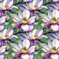 Floral tropical seamless pattern with Magnolia flowers and green leaves, watercolor, AI generated Royalty Free Stock Photo